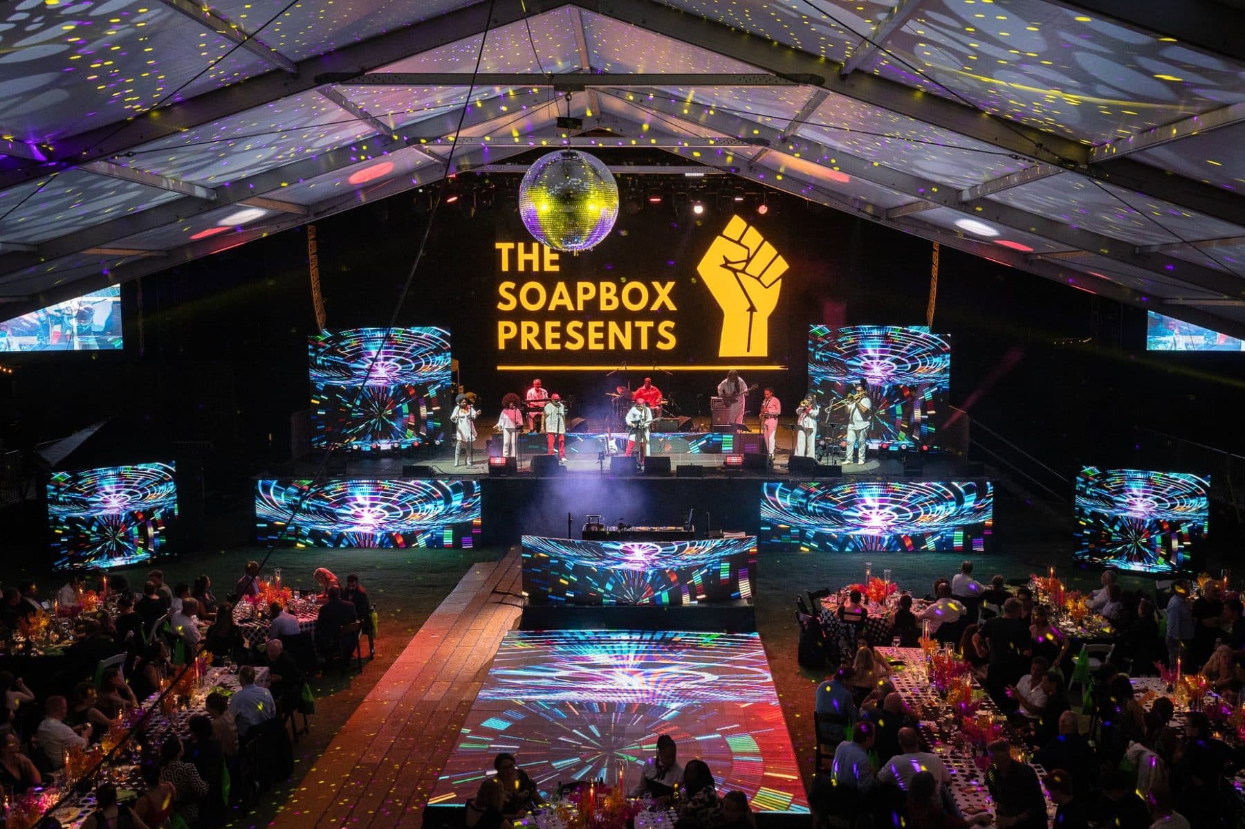 LED floor working with wall and side panels under a clear-span event tent