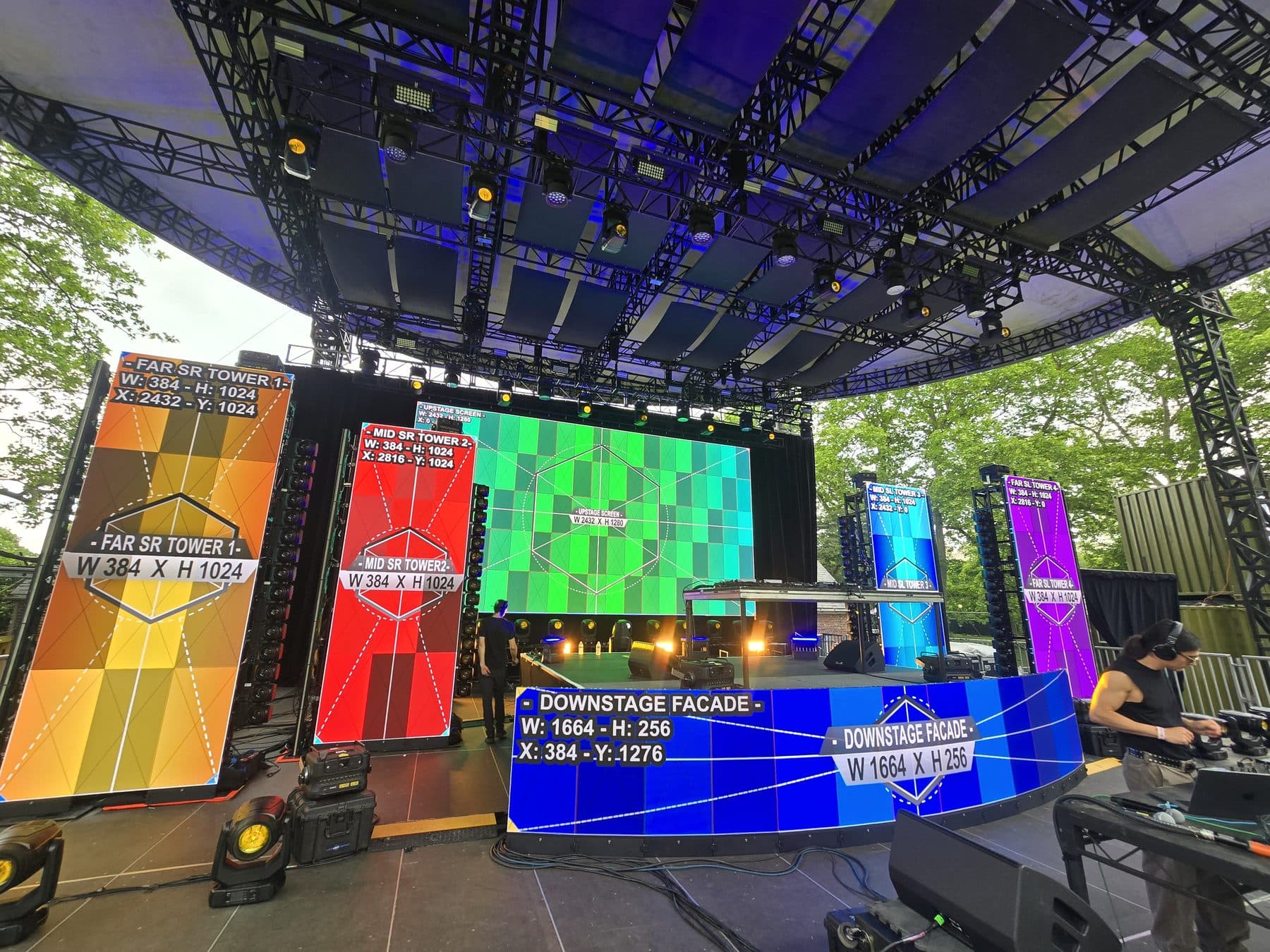 Multi-surface stage design running test patterns with pixel dimensions labeled per surface